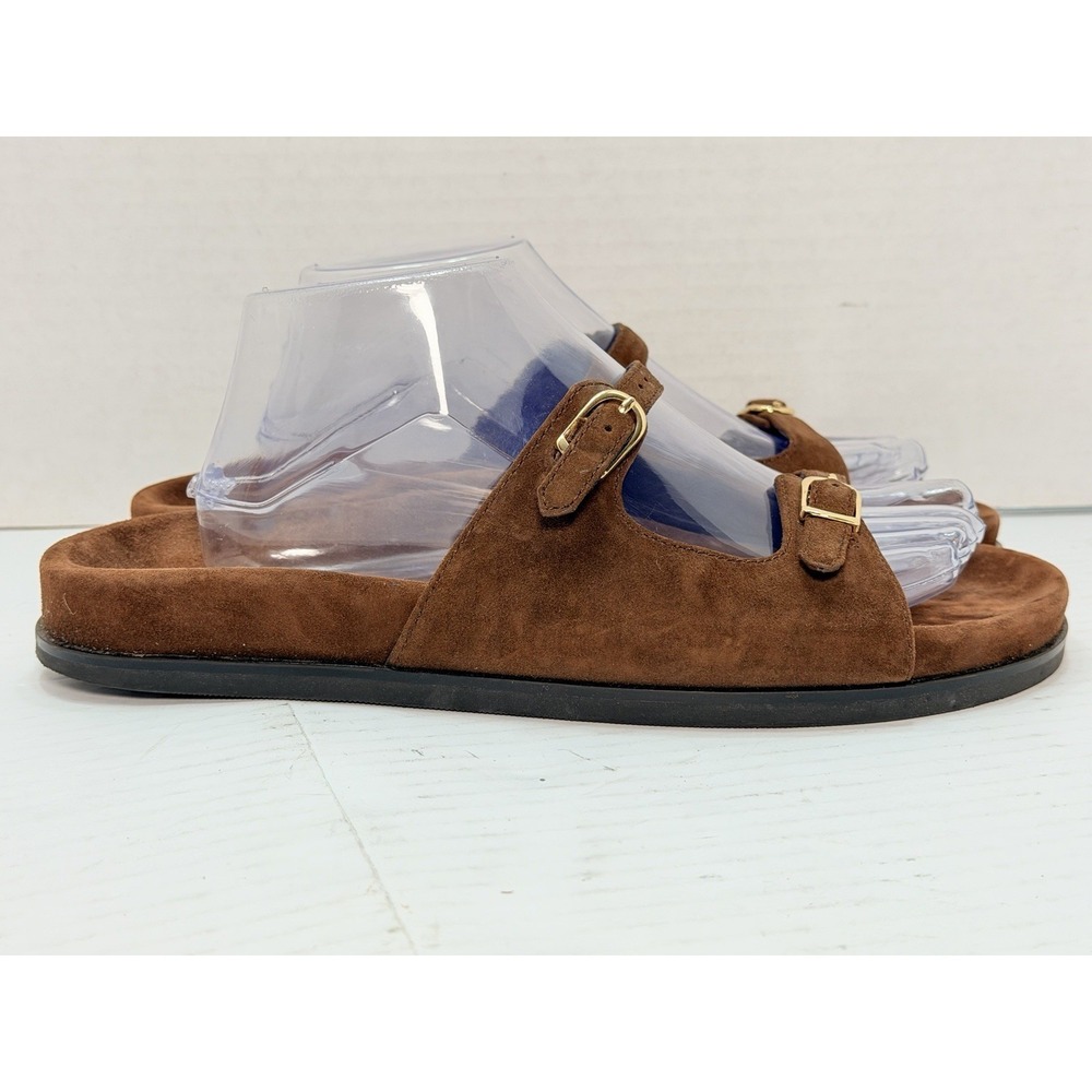 J. Crew Brown Suede Double-Buckle Slide Sandals with Gold Buckles